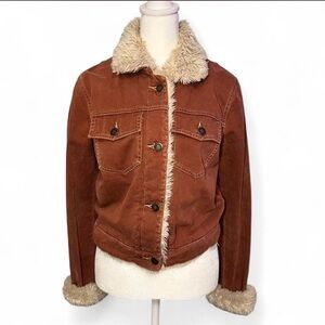 Faux Shearling Lined Rust Brown Cotton Twill Jacket Medium Western